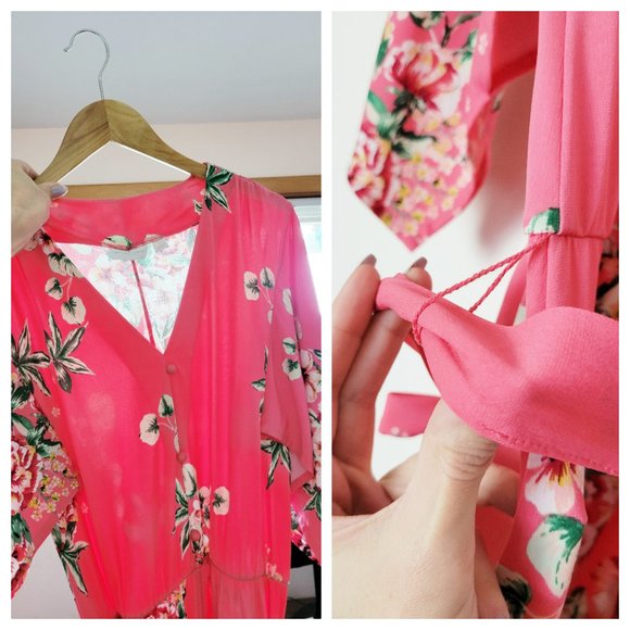 !!SOLD!! New York & Company Pink Floral Belted Maxi Dress w Kimono Style Sleeves - Picture 9 of 16